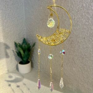Yellow Beaded Moon Crystal Sun Catcher